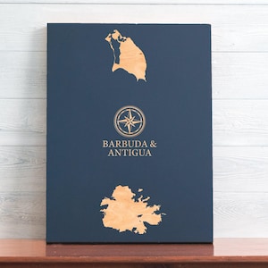 Barbuda und Antigua Karte | "Graviertes Holz Küsten Karte Wand Kunst Schild, Strand Haus Wohnkultur nautischen Druck, einzigartiges personalisiertes Geschenk für die Familie