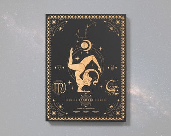 Arte de pared de madera grabada de Escorpio / Impresión de decoración del hogar místico del zodiaco, regalo vintage de constelación de estrellas, signo de horóscopo personalizado