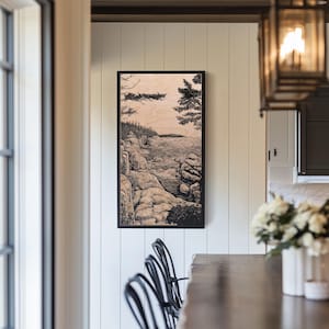 Acadia National Park Gravierte Birkenholzplatte | Block Print Inspirierte Maine Wandkunst, Natur Illustration, Küstenszene Wohnkultur Geschenk.