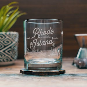 Rhode Island State Engraved Glasses | Personalized landscape etched glassware for beer, whiskey, wine and cocktails. Home decor & gift. Old Fashioned