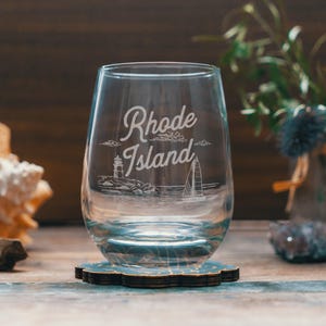Rhode Island State Engraved Glasses | Personalized landscape etched glassware for beer, whiskey, wine and cocktails. Home decor & gift. Stemless Wine