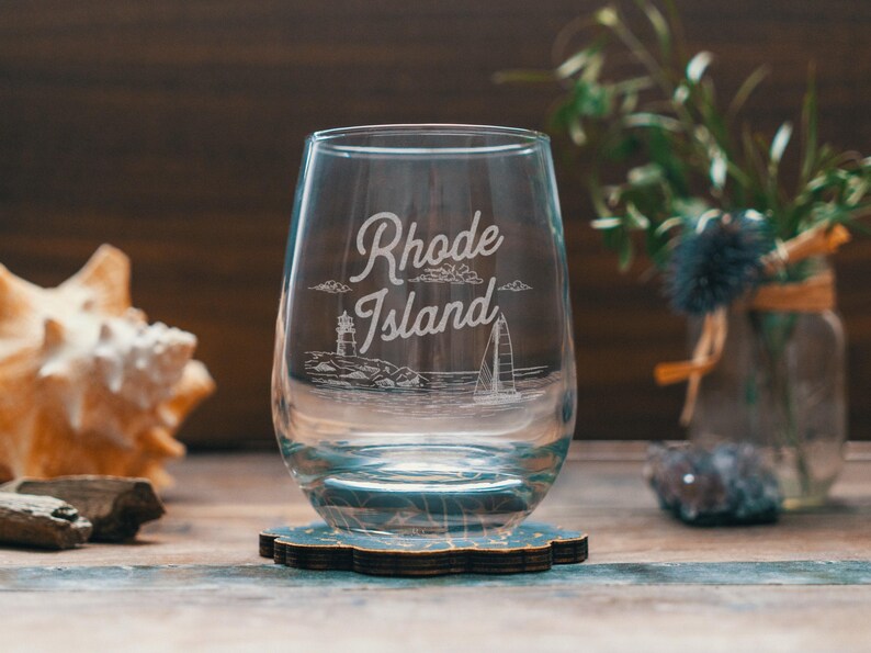 Rhode Island State Engraved Glasses | Personalized landscape etched glassware for beer, whiskey, wine and cocktails. Home decor & gift. Stemless Wine