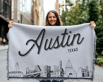 Austin Texas City Blanket | Woven Throw Blanket Gift, Black & White Skyline City Art, Fun Home Decor, Cozy Soft City Gift