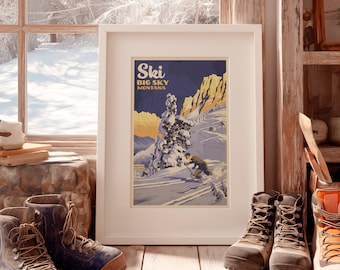 Big Sky Montana Art Print | Vintage Style Ski Poster Wall Art, Retro Mountain State Souvenir Decor, Ski & Snowboard Travel Gift