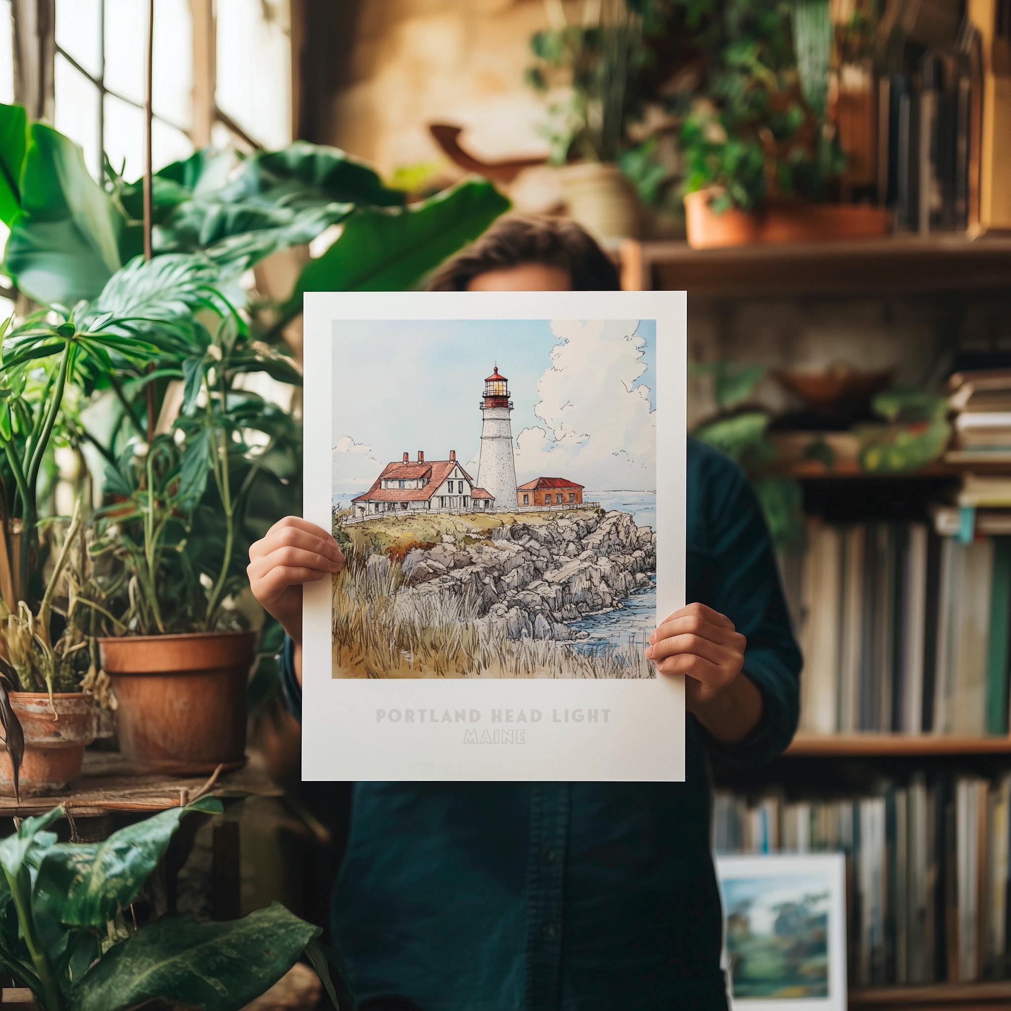 Portland Head Light Wall Art Print - Pen Ink & Watercolor Lighthouse ...