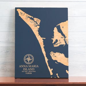 Kaart Anna Marie-eiland (Florida) | Gegraveerd houten bord kustmuur, huisdecor strandhuis nautische print, uniek gepersonaliseerd familiecadeau