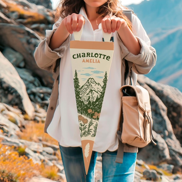 Letrero de montaña de fieltro con nombre personalizado, banderín de montaña personalizado, estilo bohemio vintage, bandera de naturaleza, arte de pared para niños y guarderías, regalo de decoración para niños y niñas