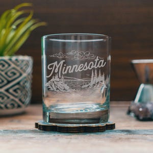Minnesota State Engraved Glasses | Personalized landscape etched glassware for beer, whiskey, wine and cocktails. Home decor & gift.
