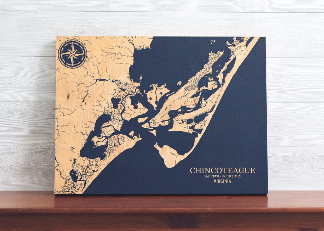 Chincoteague, Virginia Map Engraved Wood Coastal Chart Wall Art Sign