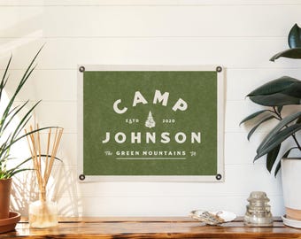 Custom Camp Name Sign Felt Banner | Classic vintage style typography flag. Personalized pennant family gift. Lake camp, mountain cabin.
