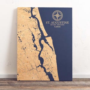 Mapa St. Augustine, Floryda | Grawerowany drewniany znak ścienny Coastal, dekoracja domu Beach House w stylu marynistycznym, wyjątkowy spersonalizowany prezent rodzinny
