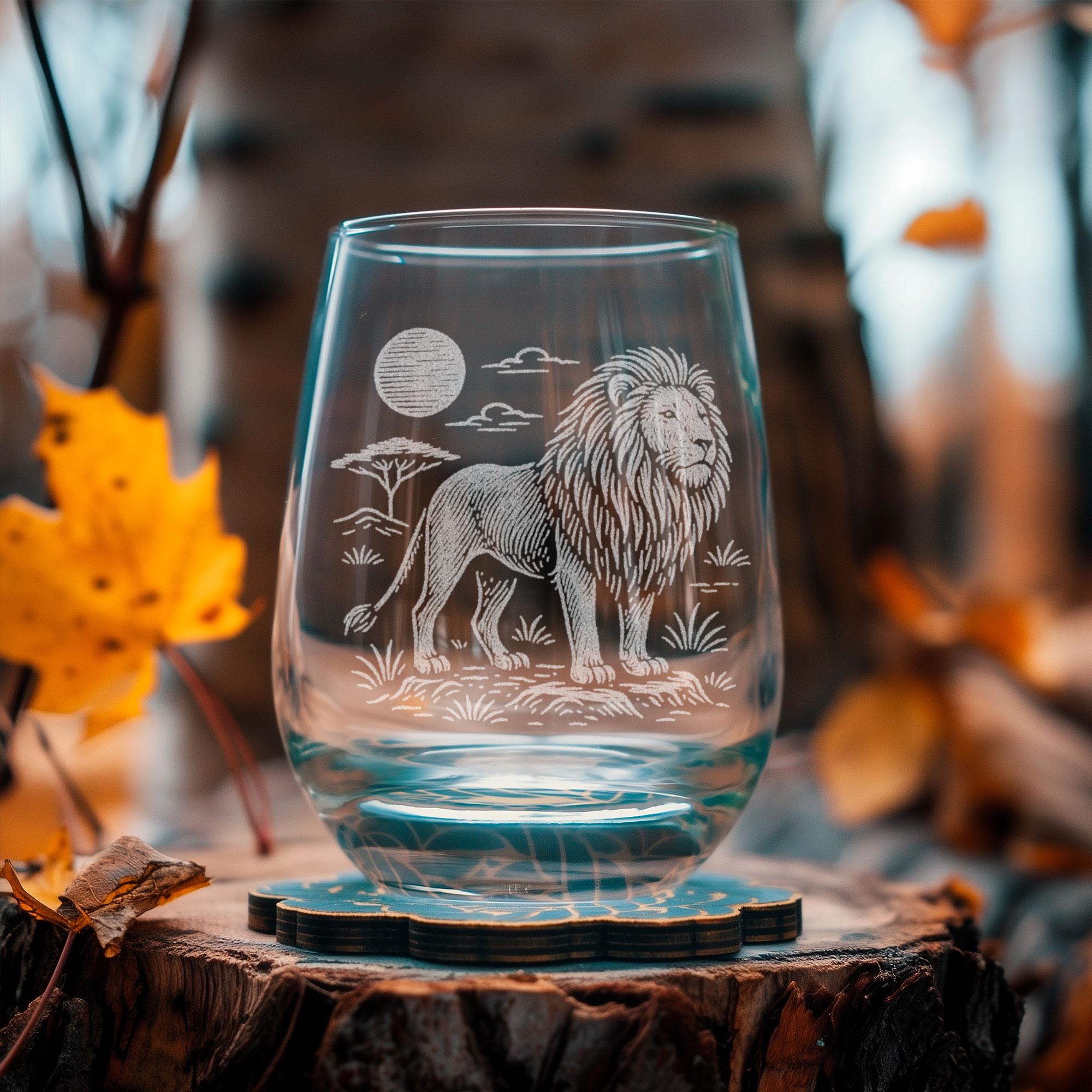 RED ASHAY LIONレッドアッシェイ ライオンFrosted Glass Lion Glasses | Laser Etched Lion Illustration, Engraved Safari