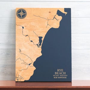 Rye Beach, New Hampshire Karte | "Graviertes Holz Küstenkarte Wand Kunst Schild, Strandhaus Wohnkultur Wasserdruck, einzigartiges personalisiertes Geschenk."