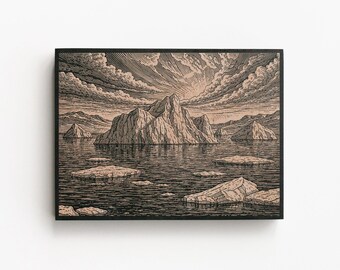 Arctic Iceberg Wall Art Panel | Engraved Birch Wood Coastal Seascape, Linocut Style Ocean Landscape, Minimalist Nature Decor Gift