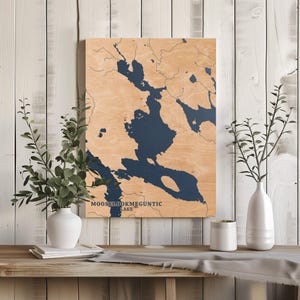 Mooselookmeguntic Lake Maine / Decorazione per la casa con mappa personalizzata del lago, regalo personalizzato per casa sul lago, regalo per anniversario di matrimonio, arte incisa su legno