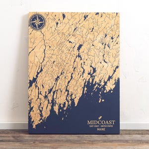 Midcoast, Maine Karte | "Graviertes Holz Küsten Karte Wand Kunst Zeichen, Strand Haus Wohnkultur Nautisches Leben Druck, Einzigartiges personalisiertes Familien Geschenk."