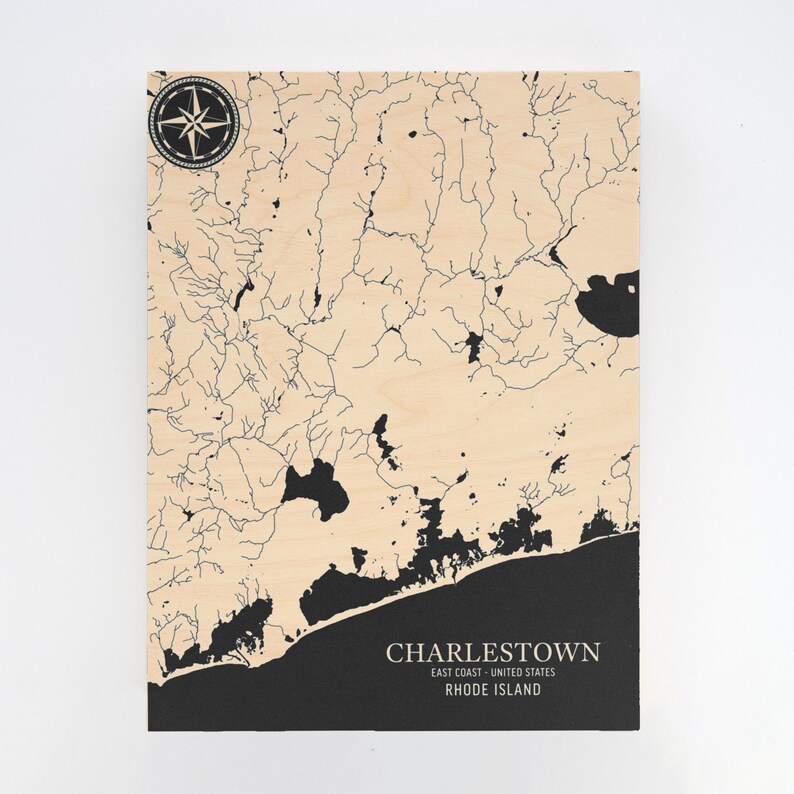 Charlestown Rhode Island Map Engraved Wood Coastal Art Etsy