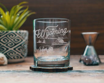 Wyoming State Engraved Glasses | Personalized landscape etched glassware for beer, whiskey, wine and cocktails. Home decor & gift.