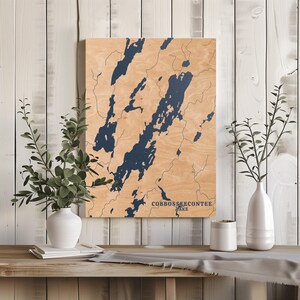 Cobbosseecontee Lake Maine / Decorazione per la casa con mappa personalizzata del lago, regalo personalizzato per casa sul lago, regalo per anniversario di matrimonio in campeggio, arte murale in legno incisa