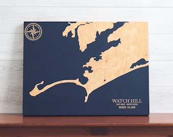 Watch Hill, Rhode Island Map | Engraved Wood Coastal Chart Wall Art Sign, Beach Home Decor Nautical Print, Unique Personalized Family Gift