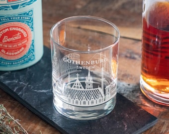 Gothenburg, Sweden City Skyline Engraved Glass | Hometown Pride Glassware, Whiskey Rocks Wine & Beer Barware, Travel Special Trip Gift