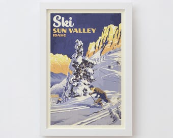 Impresión artística de Sun Valley, Idaho / Póster de esquí estilo vintage, arte mural, decoración retro de recuerdo de montaña, regalo de viaje para esquiar y hacer snowboard