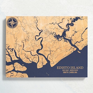 Edisto Island, Südcarolina Karte | "Graviertes Holz Küstenkarte Wand Kunst Zeichen, Strand Wohnkultur nautischen Druck, einzigartiges personalisiertes Geschenk."