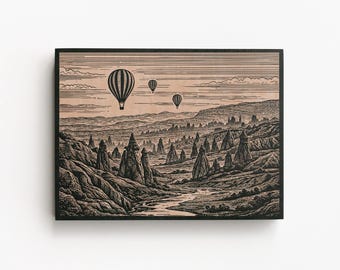 Cappadocia Turkey Engraved Birch Art Panel | Hot Air Balloon Wall Art, Travel Decor, Adventure Gift