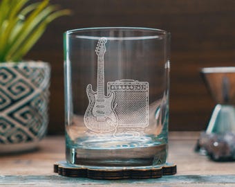 Electric Guitar & Amp Glasses | Etched Music Lover Whiskey, Wine, Pint, Beer Can Glassware Gift for Guitarists and Rock Fans