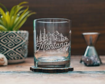 Montana State Engraved Glasses | Personalized landscape etched glassware for beer, whiskey, wine and cocktails. Home decor & gift.