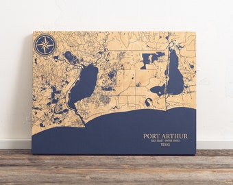 Port Arthur, Texas Map | Engraved Wood Coastal Chart Wall Art Sign, Beach House Home Decor Nautical Print, Unique Personalized Family Gift
