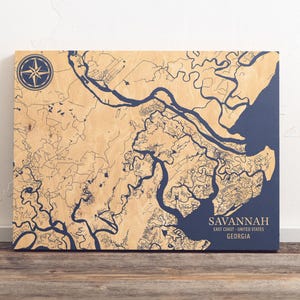 Kaart Savannah (Georgia) | Gegraveerd houten kustmuurkunstbord, strandhuis woondecoratie print nautisch leven, uniek gepersonaliseerd familiecadeau