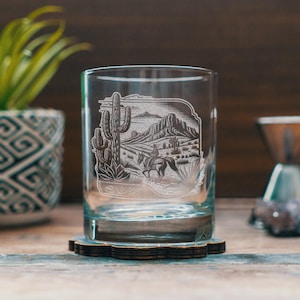 Riding Cowboy Scene Glasses | Personalized etched glassware for beer, whiskey, wine & cocktails. Western Desert Scene, Southwestern Decor.