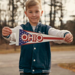 Ohio Felt Pennant | Buckeye state banner poster. Vintage typography camp flag pennant home decor. Midwestern themed art. USA Handmade