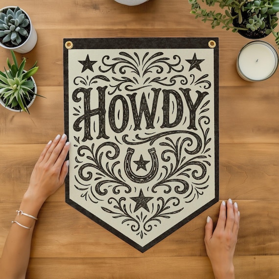 Howdy Felt Camp Flag | Cowboy Nursery Vintage Camp Flag, Rodeo Nursery, Felt Western Banner, Rustic Cabin Art, Kids Room Sign, USA Made