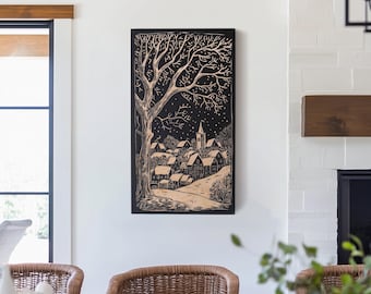 New Hampshire Winter Village Engraved Birch Wood Panel | Block