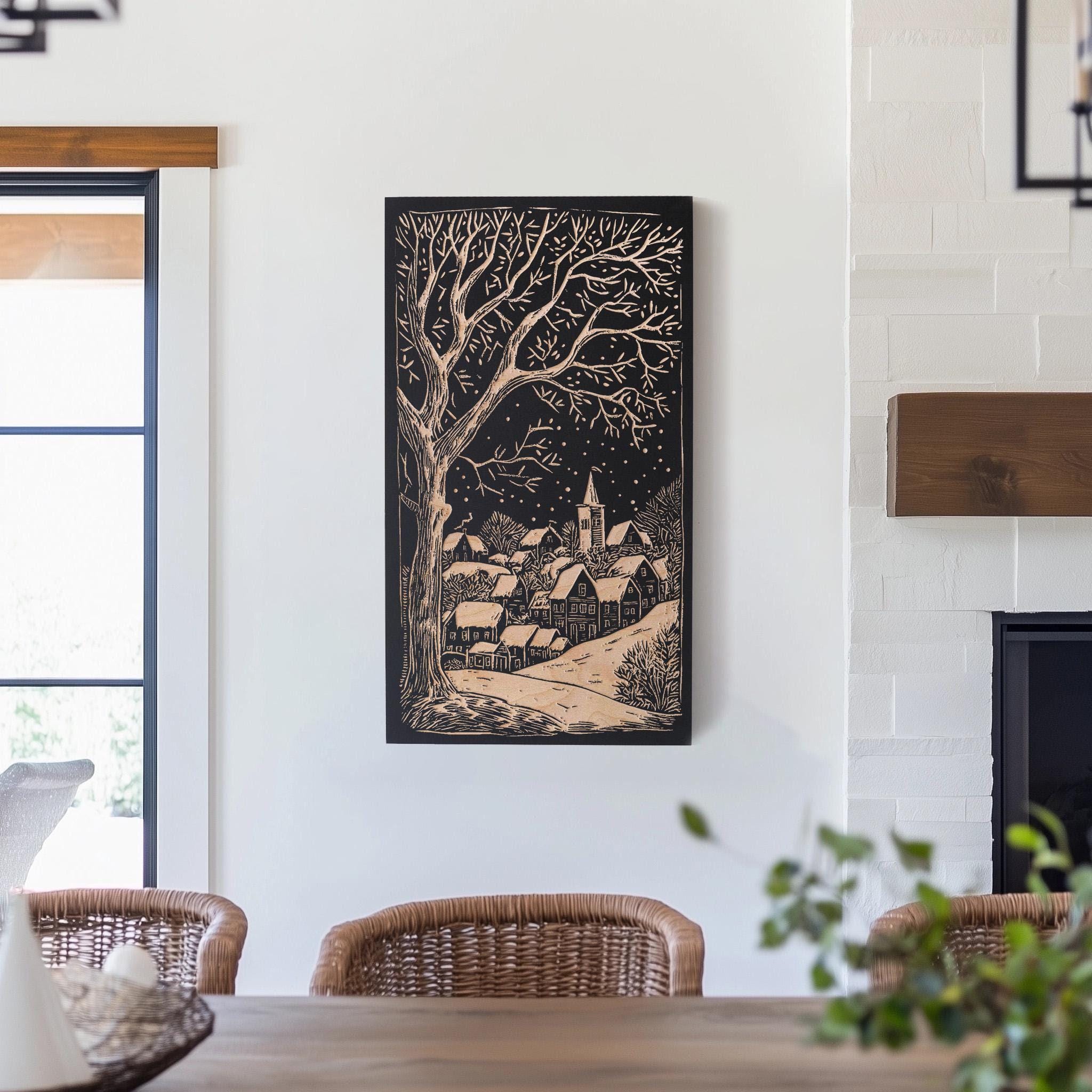 New Hampshire Winter Village Engraved Birch Wood Panel | Block