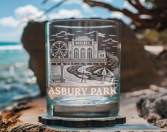 Szkło Asbury Park | Grawerowane szkło bez nóżki z motywem NJ Boardwalk & Music Hall, Prezent z New Jersey Shore, Pamiątkowe naczynia do napojów z Beach Town, Duma z rodzinnego miasta