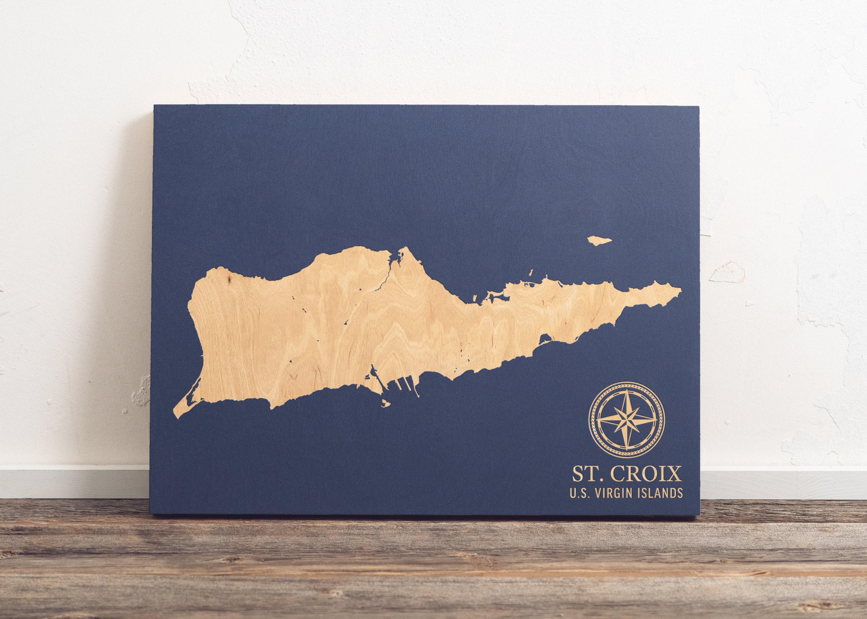 St. Croix, Jungferninseln Karte | USVI Gravur Holz Küstenkarte Wand Kunst Schild Strand Wohnkultur Nautikdruck Personalisiertes Geschenk für die Familie