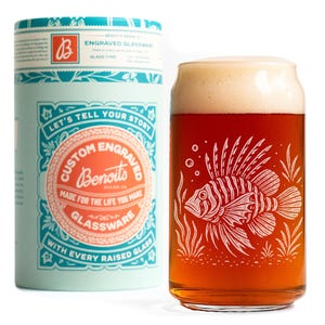 Lionfish Glasses | Laser Etched Lionfish Illustration, Ocean Wildlife Barware, Coastal Gift Beer Can