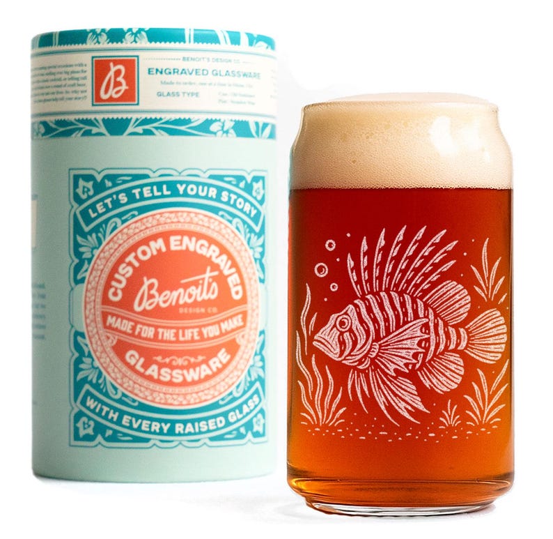 Lionfish Glasses | Laser Etched Lionfish Illustration, Ocean Wildlife Barware, Coastal Gift Beer Can