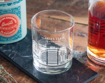 Nashville, Tennessee City Skyline Engraved Glasses | Hometown Pride Glassware, Whiskey Rocks Wine & Beer Barware, Travel Special Trip Gift