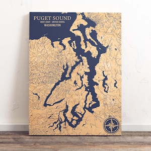 Puget Sound, Washington Karte | "Graviertes hölzernes Küstenkarten-Wand-Kunst-Zeichen, Strand-Haus-Dekor-nautischer Druck, einzigartiges personalisiertes Familiengeschenk."