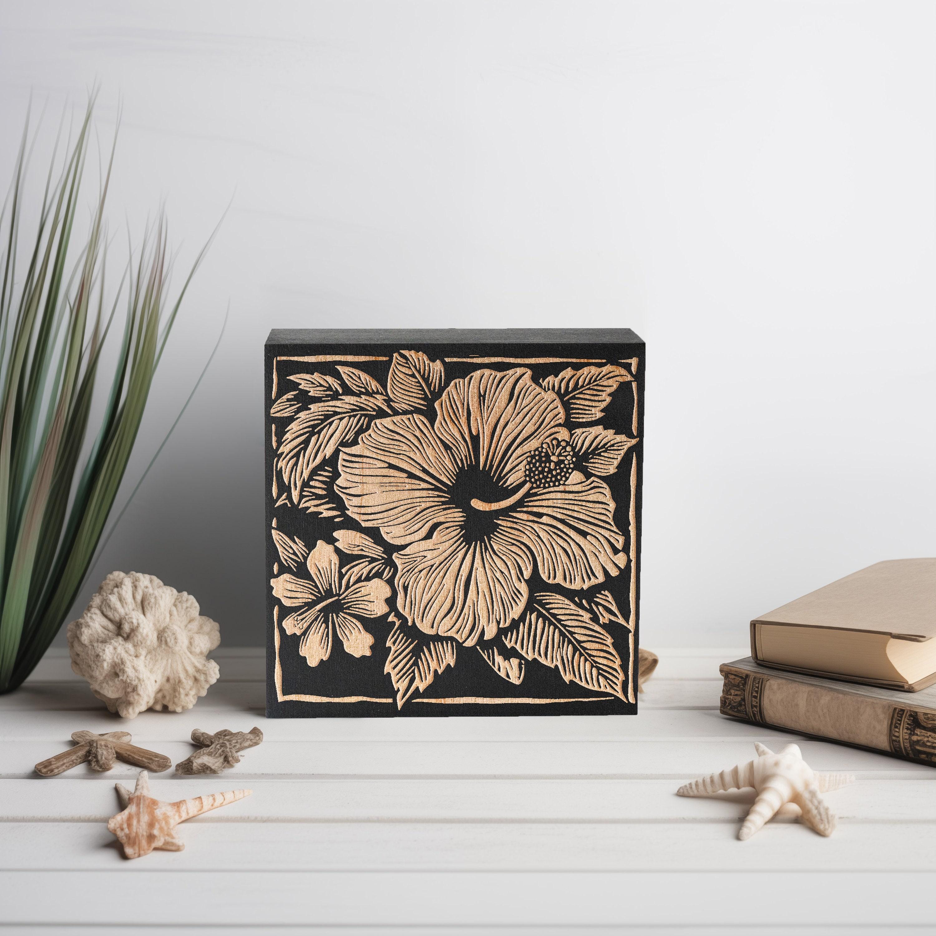 Hibiscus Flower Mini Engraved Birch Wood Panel | Block Print Style