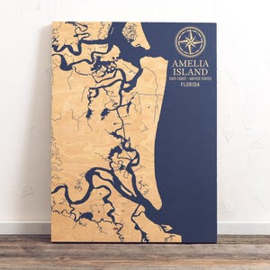 Mappa di Amelia Island, Florida / Cartello da parete in legno inciso con motivo costiero, decorazione per la casa sulla spiaggia, stampa nautica, regalo unico e personalizzato per la famiglia