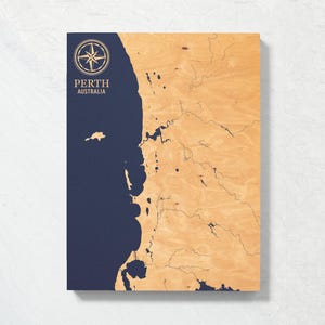 Perth, Australie : carte | Enseigne d'art mural en bois gravé avec carte côtière, impression nautique de décoration d'intérieur de maison de plage, cadeau de famille personnalisé unique