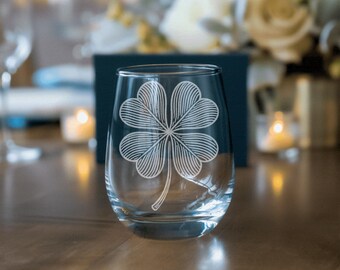 Four Leaf Clover Glasses | Laser Etched Lucky Barware, Engraved