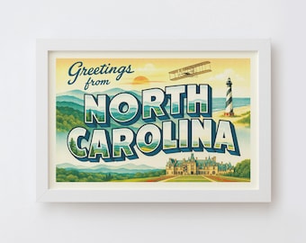 North Carolina Postcard Art Print | Greetings from North Carolina Vintage Wall Art Poster, Retro State Souvenir Decor, Americana Travel Gift