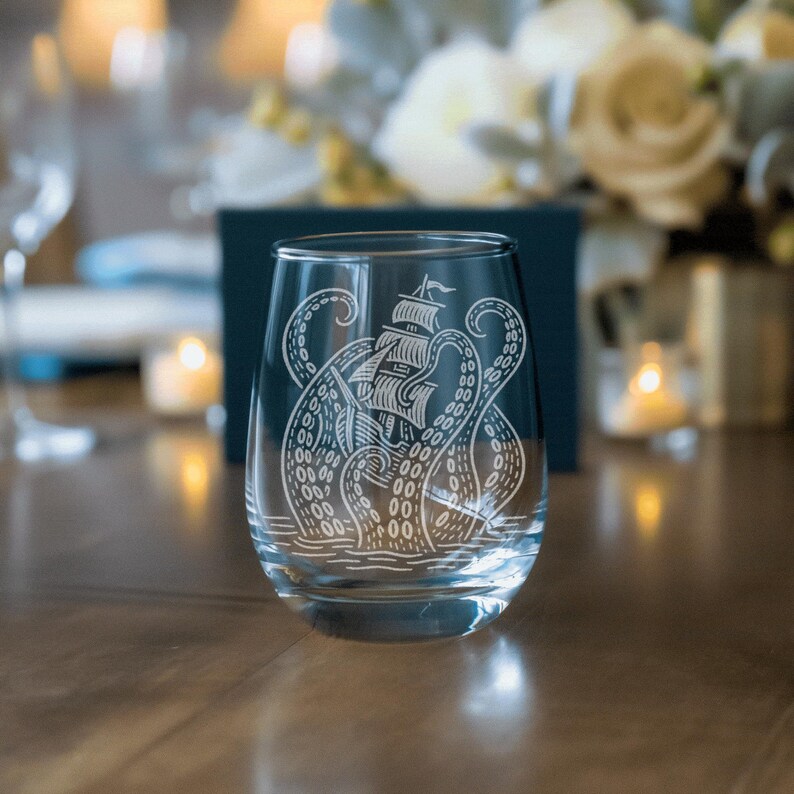 Kraken Glasses | Laser Etched Nautical Barware, Engraved Gift for Ocean Lovers & Maritime Home Decor image 6