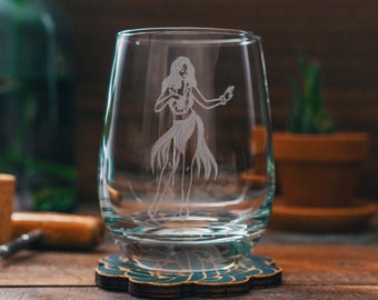 Hula Girl Glasses | Personalized Engraved Beer, Cocktail, Whiskey, Wine glassware. Tropical island gift. Coastal beach barware home decor.